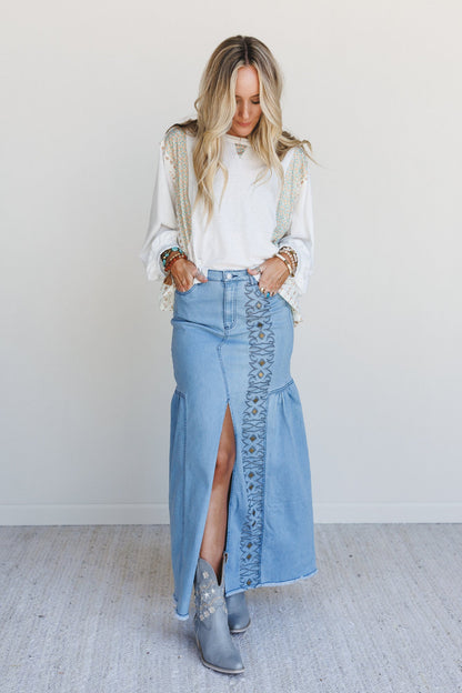 Honey Dust Denim Maxi Skirt - Light Wash