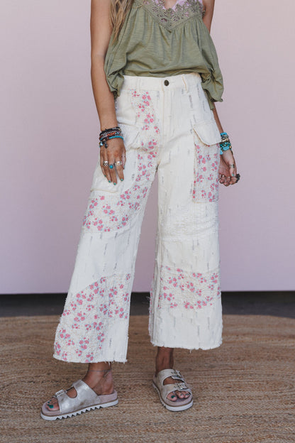 Seaside Bloom Crochet Detail Pants - Cream