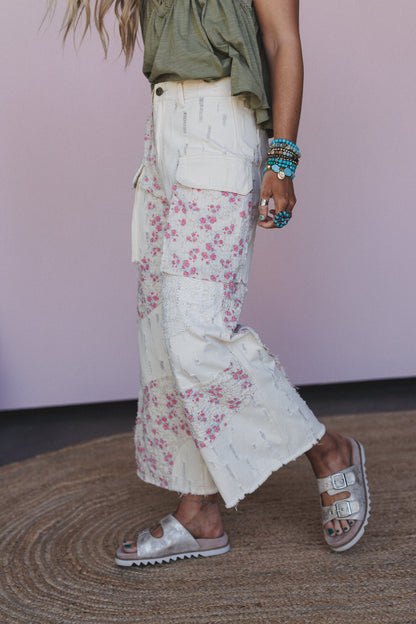 Seaside Bloom Crochet Detail Pants - Cream