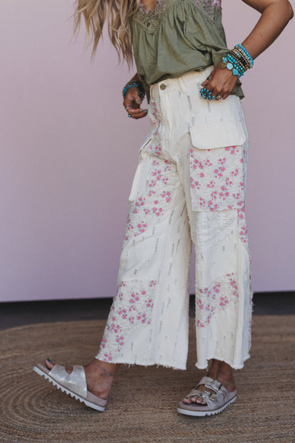 Seaside Bloom Crochet Detail Pants - Cream