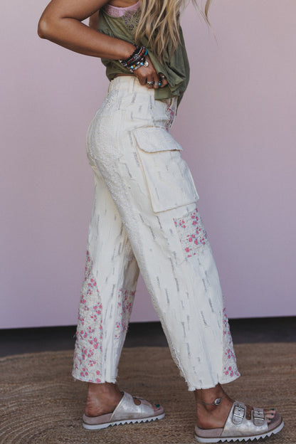 Seaside Bloom Crochet Detail Pants - Cream