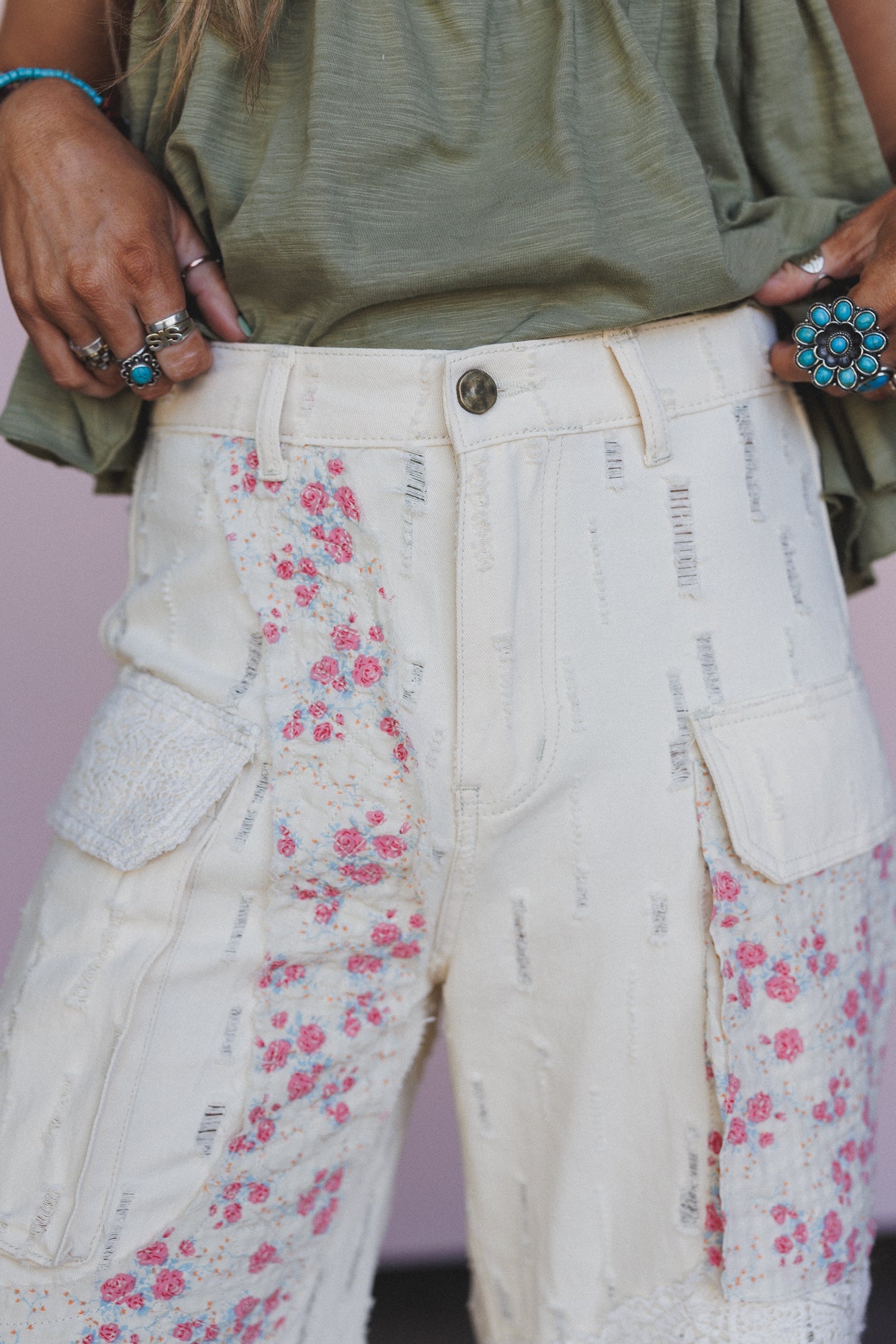 Seaside Bloom Crochet Detail Pants - Cream