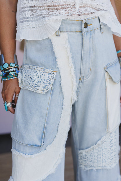 Seaside Bloom Crochet Detail Pants - Denim
