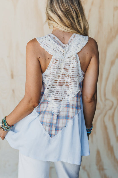 Plaid Meadow Mix Print Top - Blue