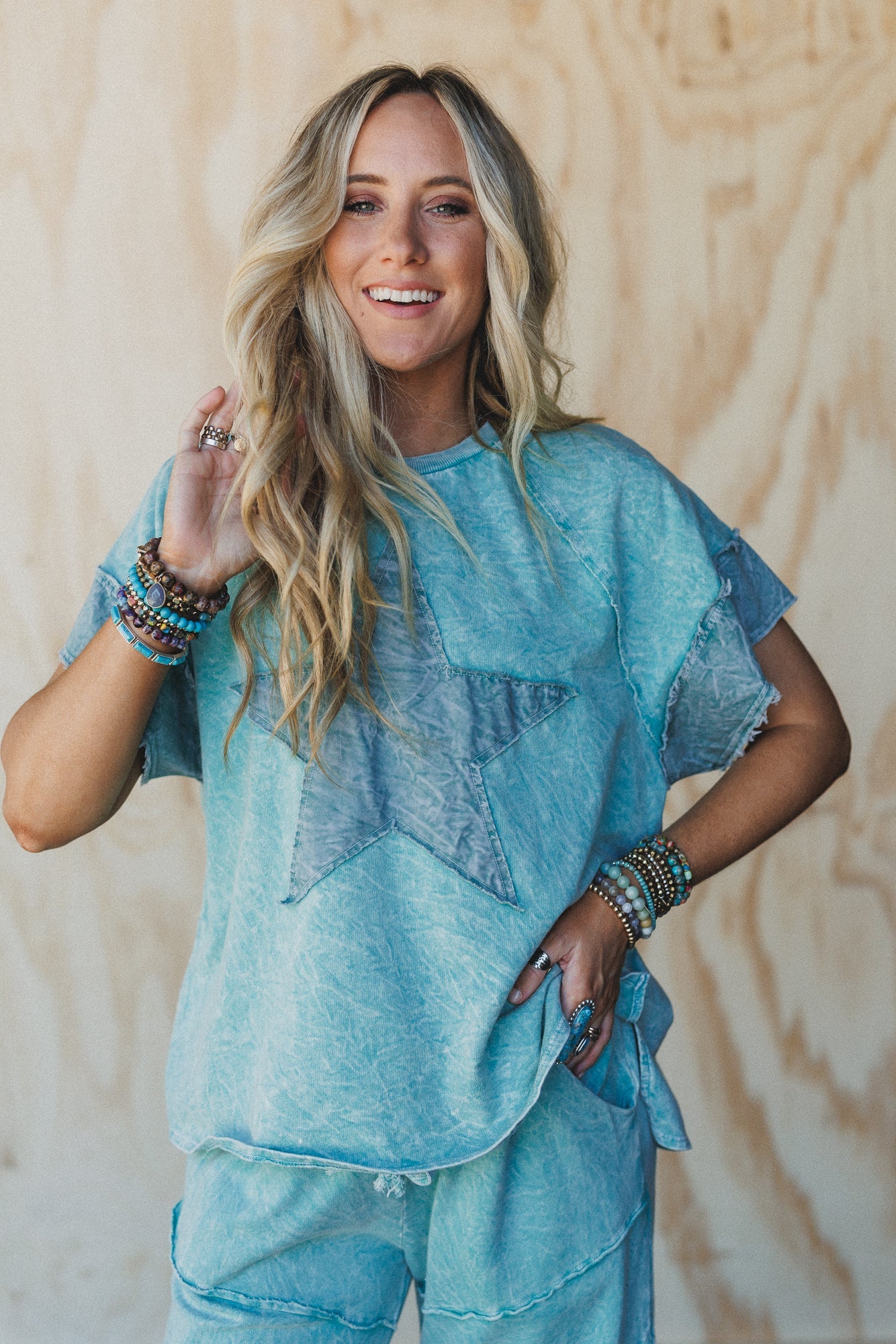 Skybound Soul Denim Patched Top - Cyan