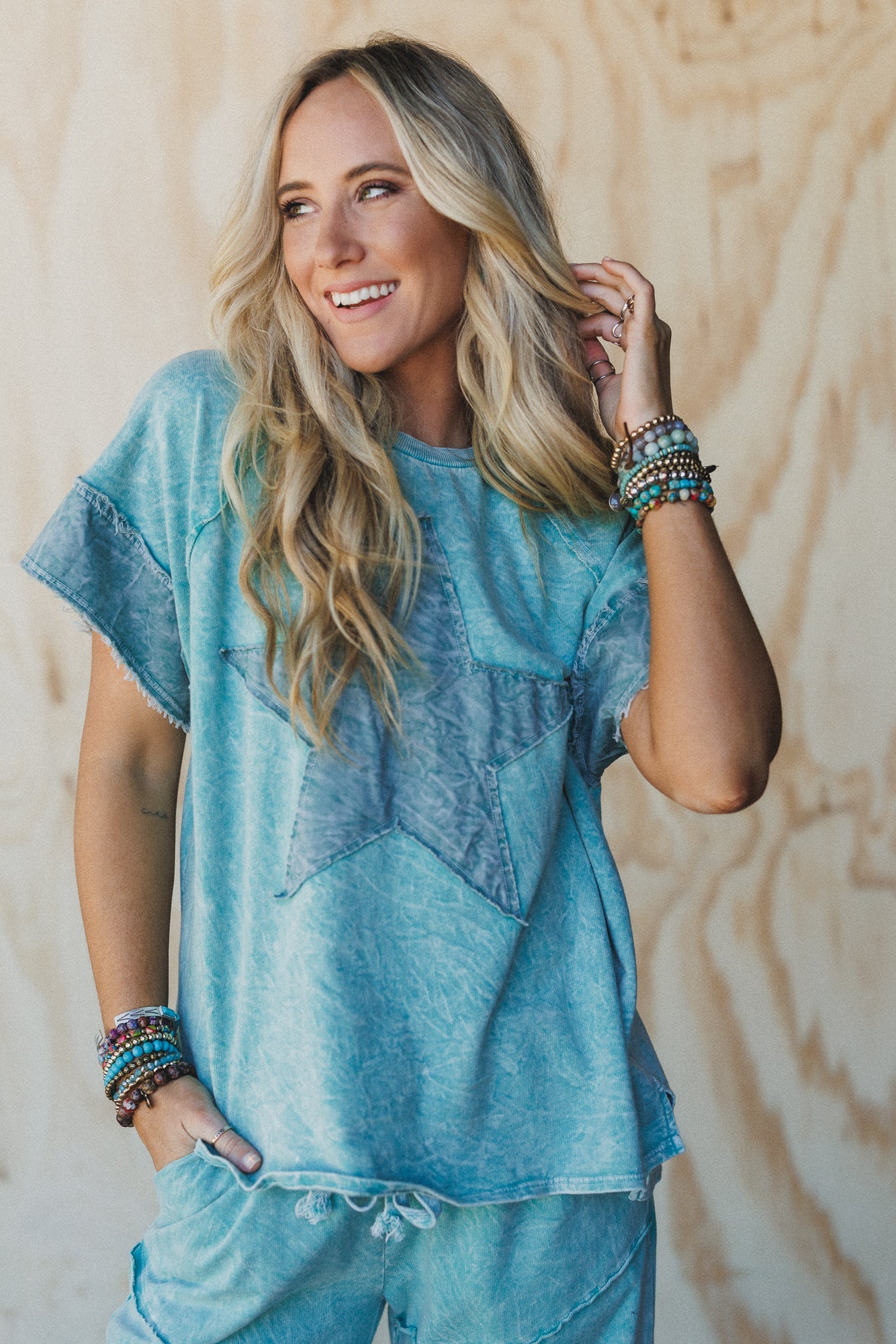 Skybound Soul Denim Patched Top - Cyan