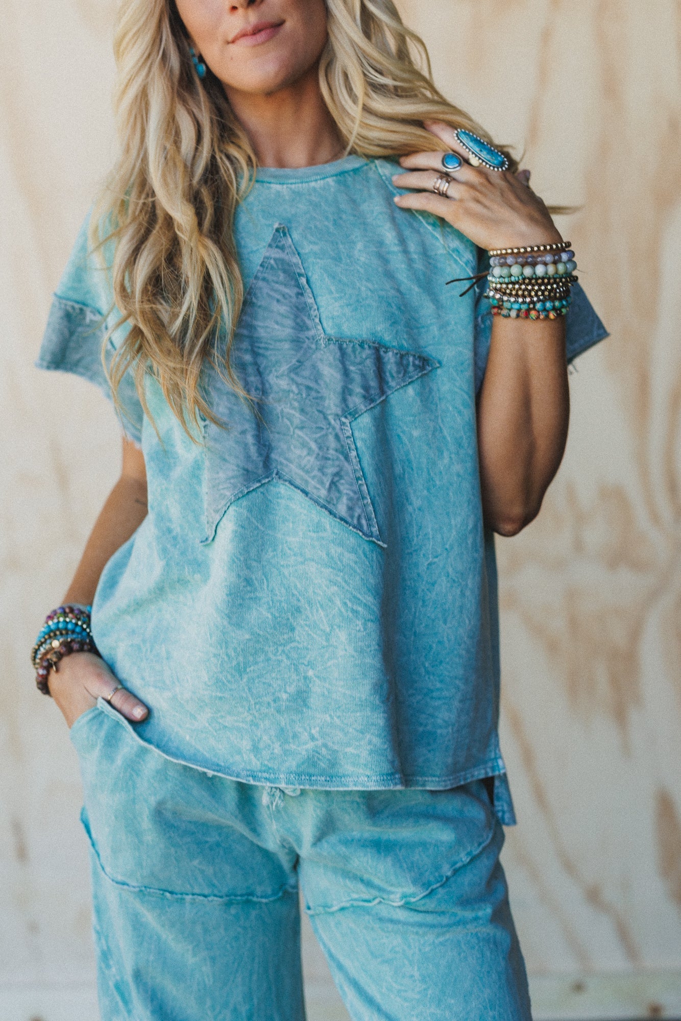 Skybound Soul Denim Patched Top - Cyan