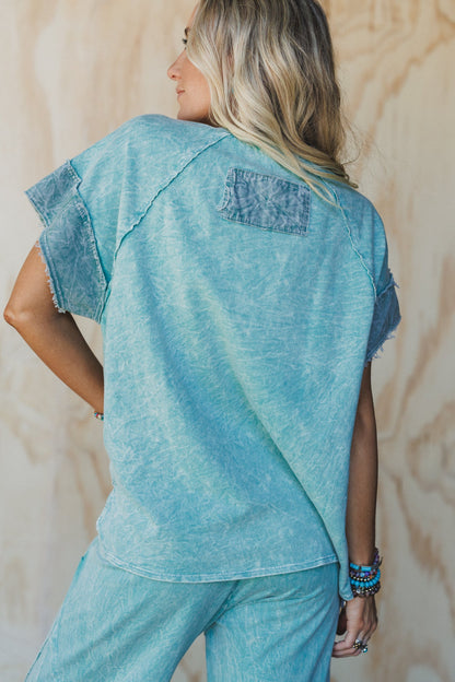 Skybound Soul Denim Patched Top - Cyan