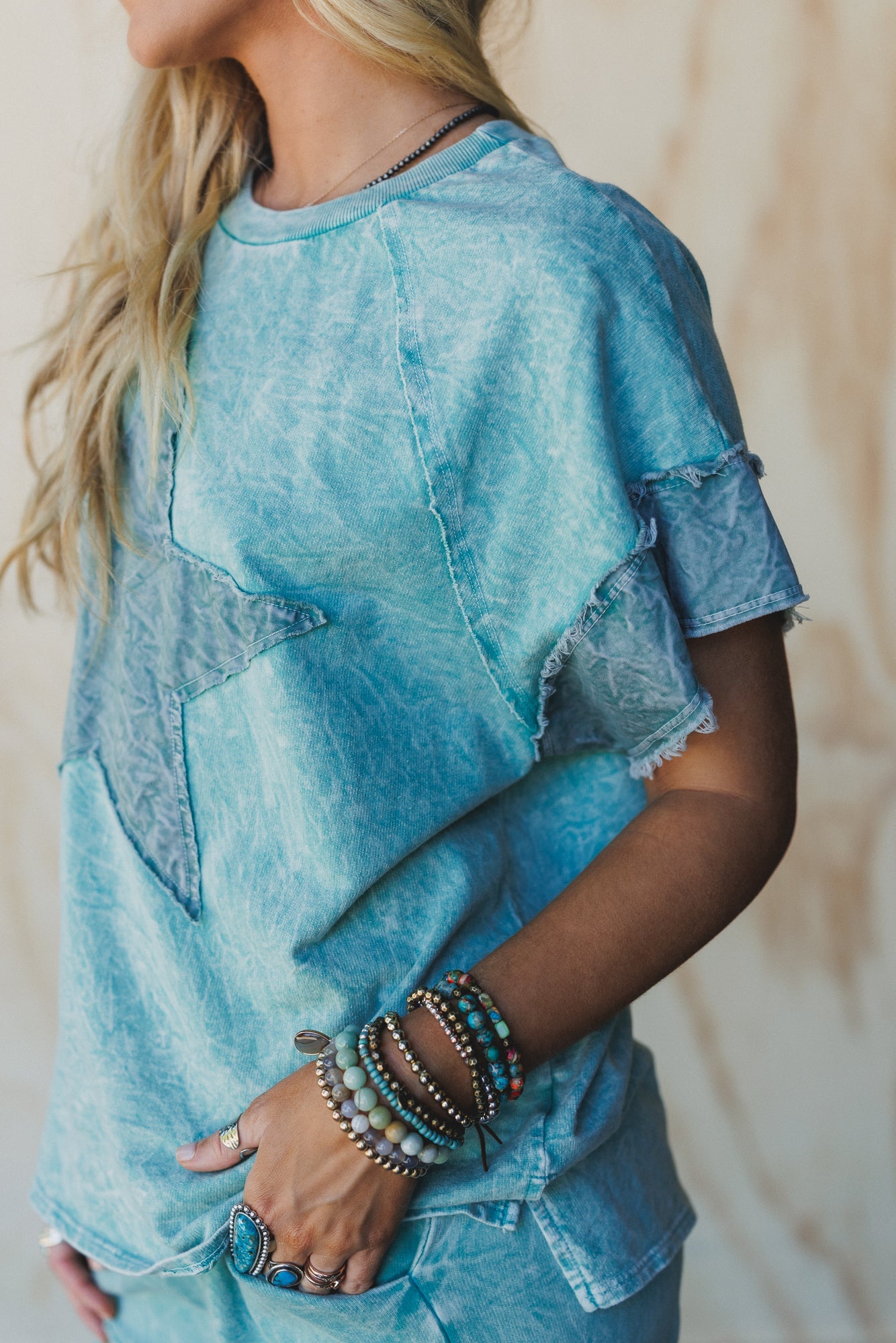 Skybound Soul Denim Patched Top - Cyan