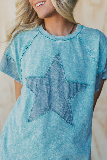 Skybound Soul Denim Patched Top - Cyan
