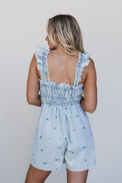 Selina Floral Denim Romper - Light Denim