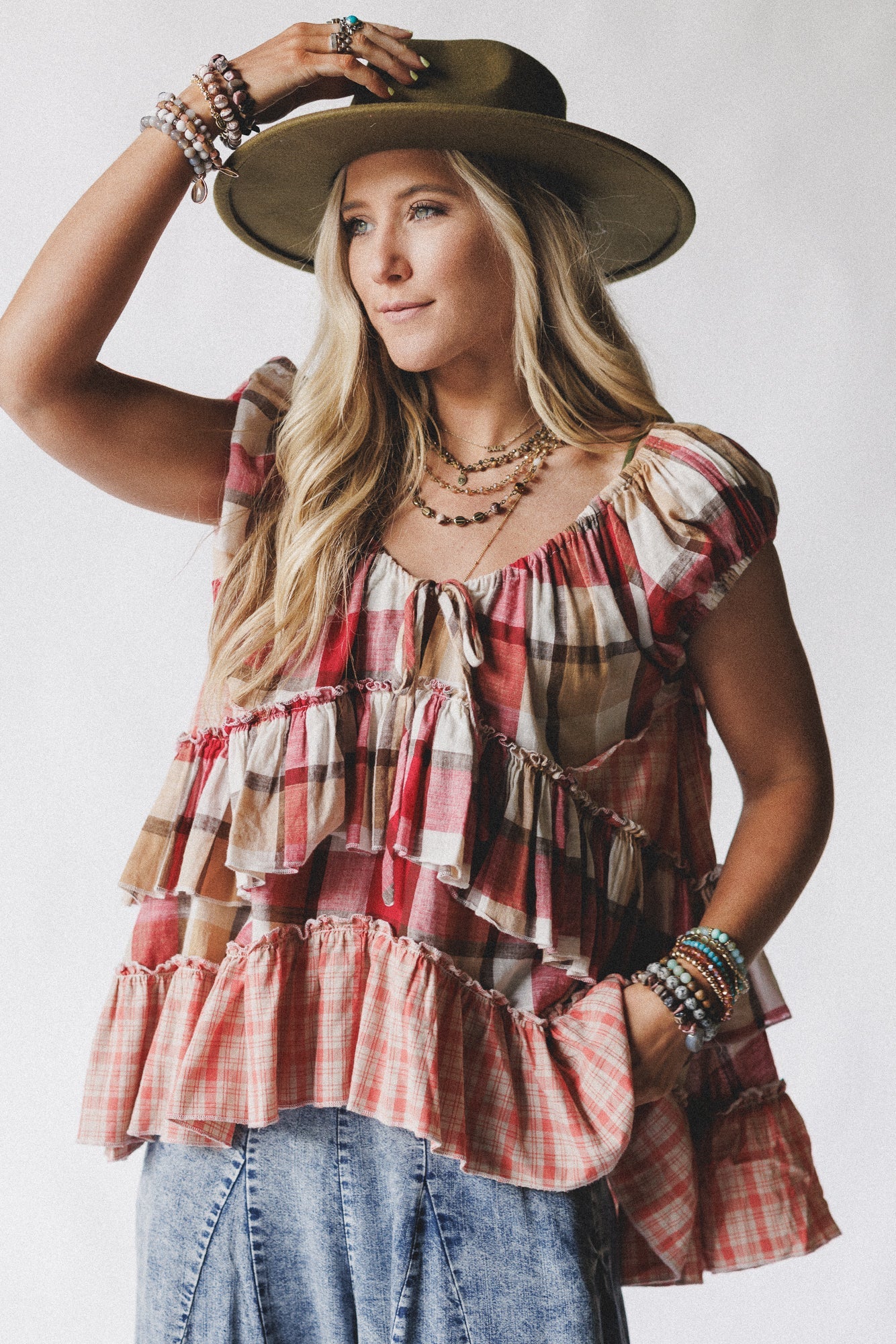 Clover Stitch Plaid Top - Pink