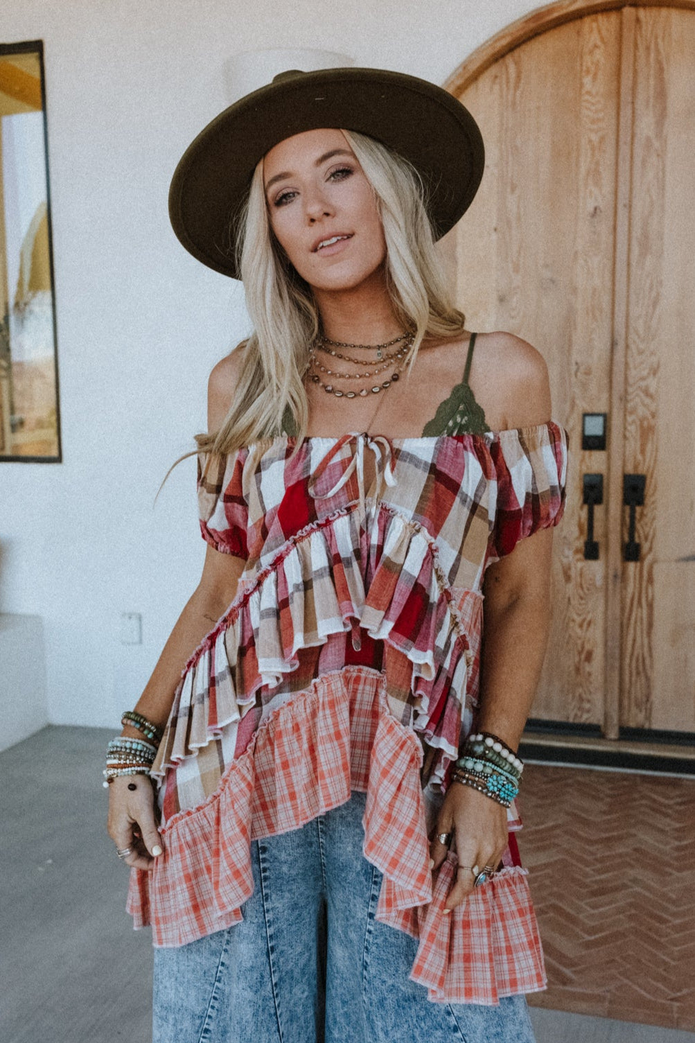 Clover Stitch Plaid Top - Pink