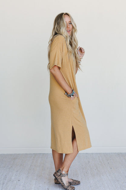 Hushed Glow Slit Midi Dress - Mustard