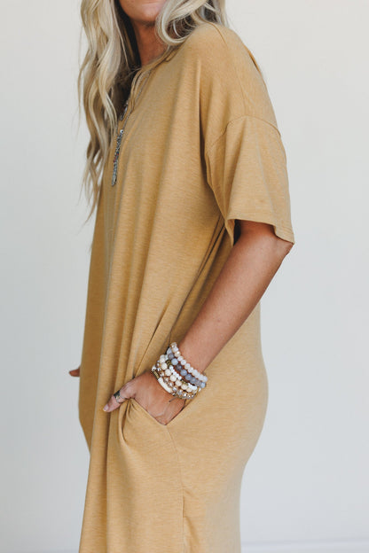 Hushed Glow Slit Midi Dress - Mustard