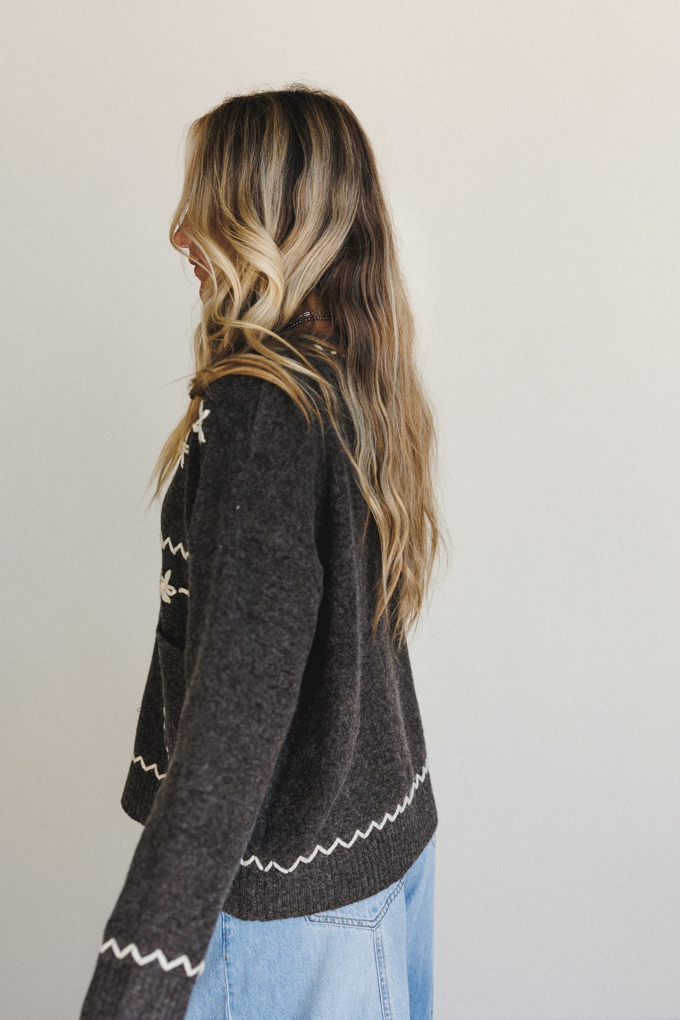 Chai Embroidered Knit Sweater - Charcoal