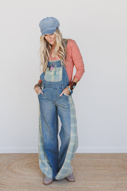 So Fine Contrast Denim Overalls - Medium Wash