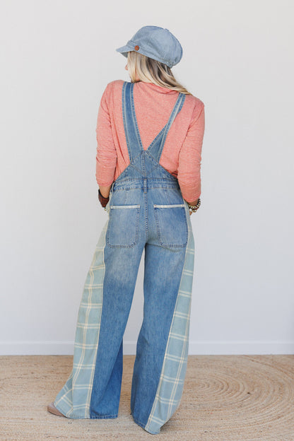 So Fine Contrast Denim Overalls - Medium Wash