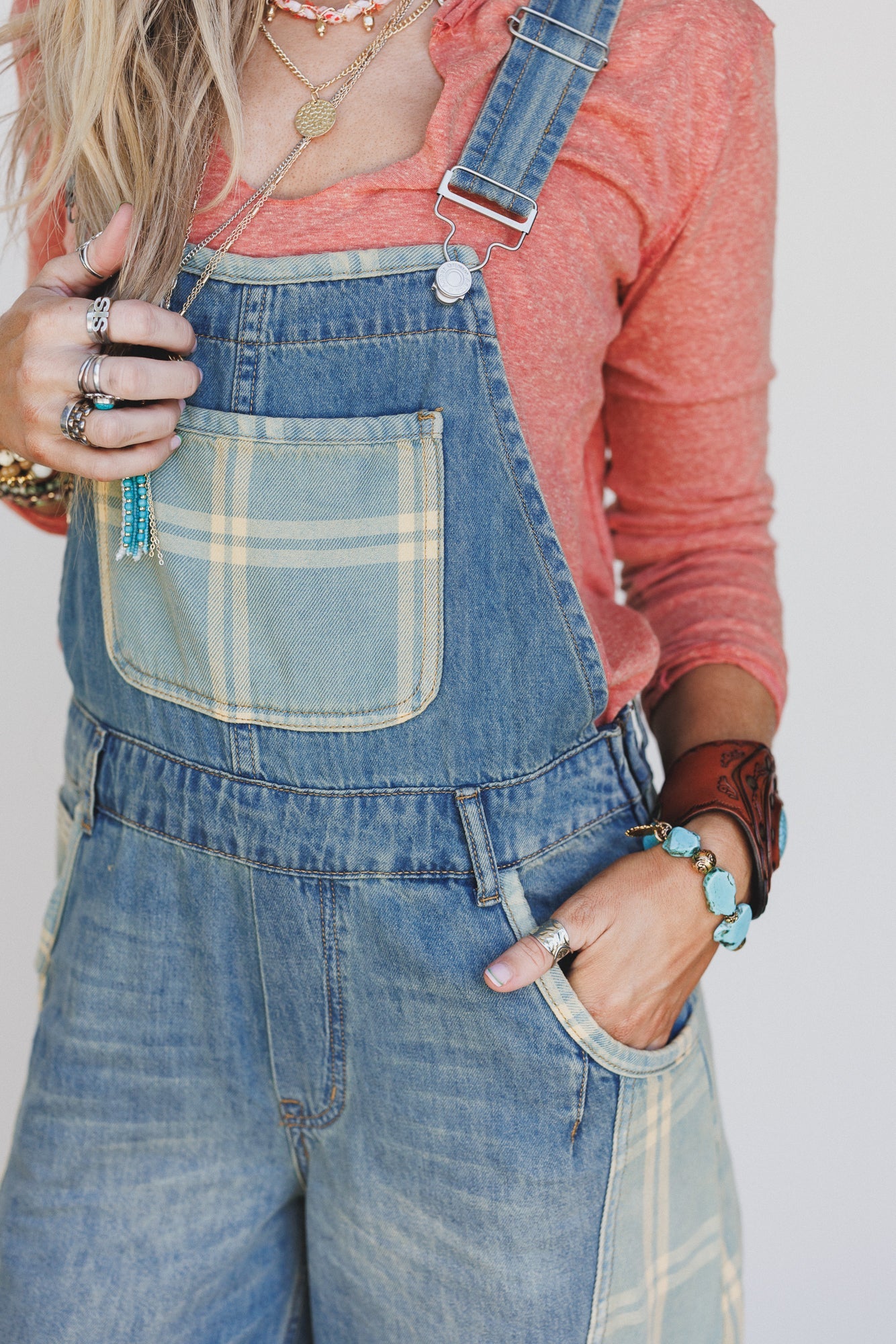 So Fine Contrast Denim Overalls - Medium Wash