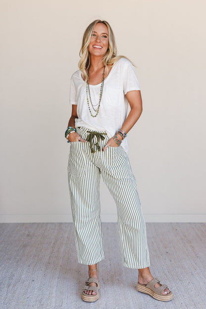 Elevated Eyelet Barrel Jeans - Olive Stripe