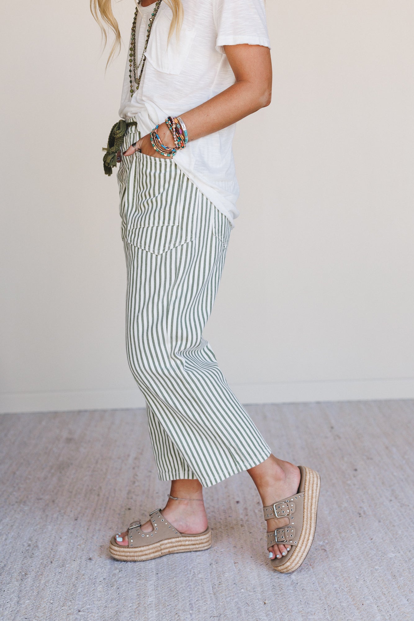 Elevated Eyelet Barrel Jeans - Olive Stripe