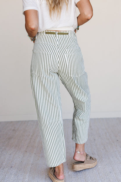 Elevated Eyelet Barrel Jeans - Olive Stripe