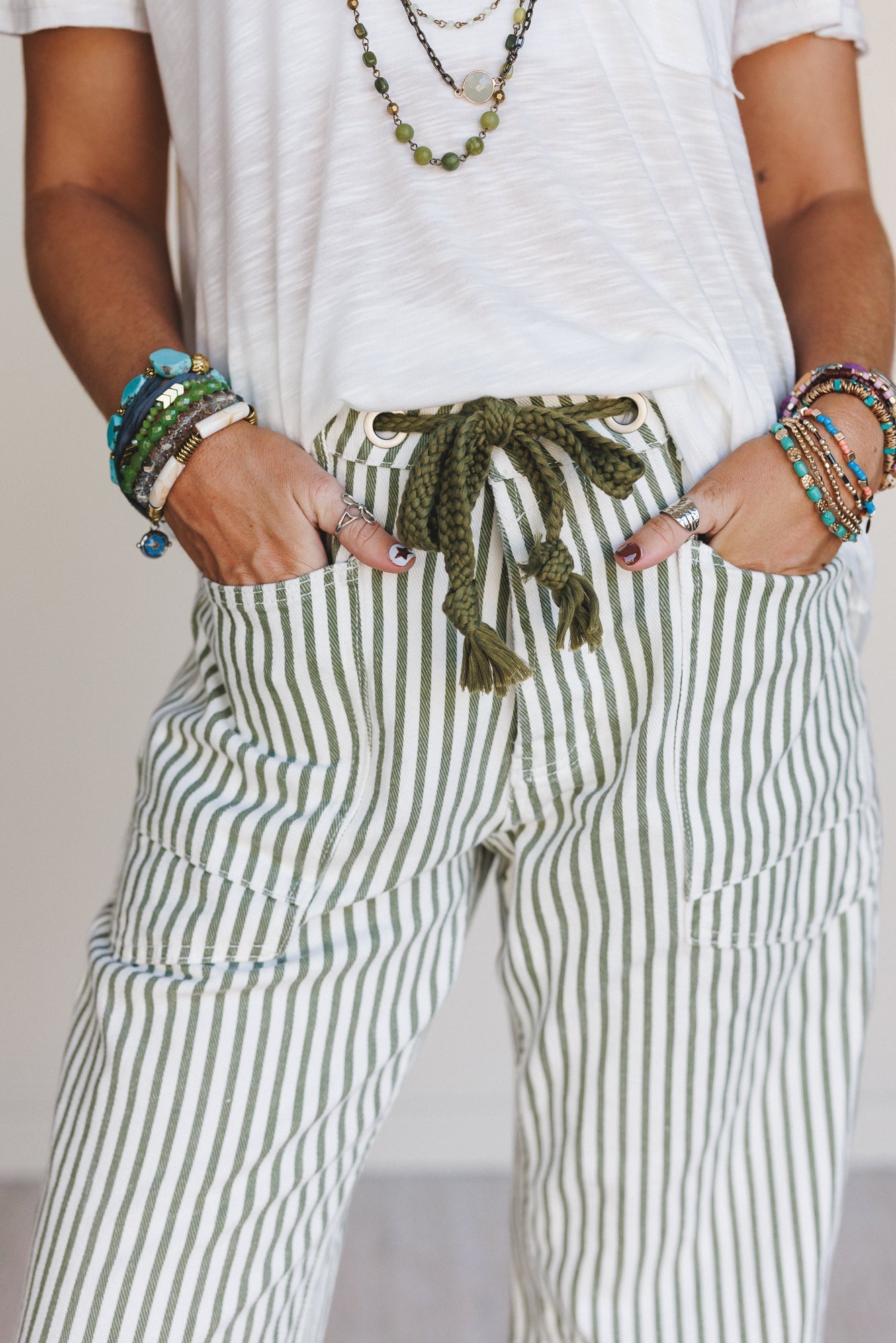 Elevated Eyelet Barrel Jeans - Olive Stripe