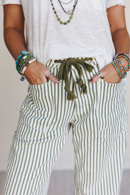 Elevated Eyelet Barrel Jeans - Olive Stripe