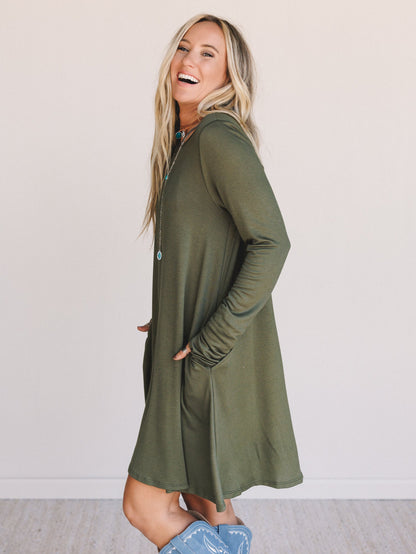 The Nest Jake Long Sleeve Crewneck Dress - Olive