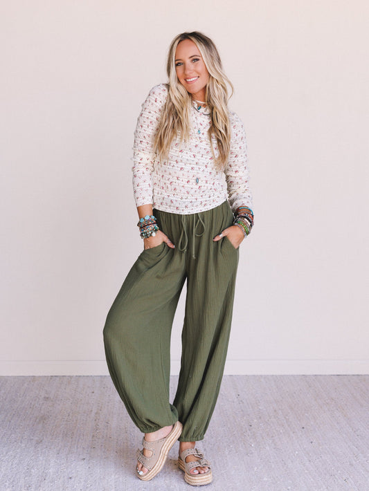 The Nest Celestia Wide Leg Cinched Pants - Olive