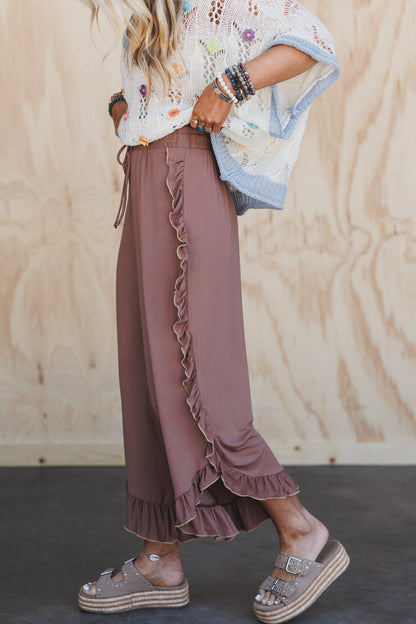 The Nest Saturdays Ruffle Wide Leg Pants - Dark Mocha
