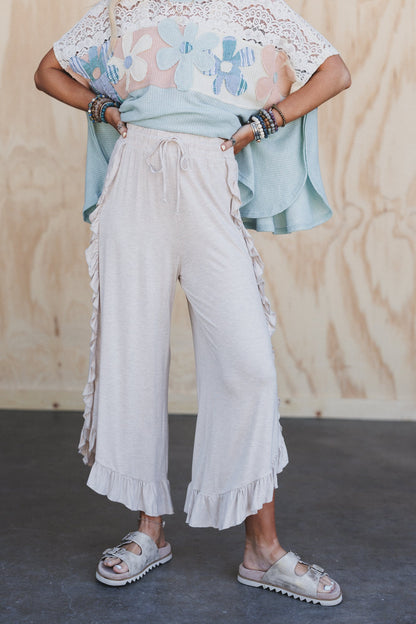 The Nest Saturdays Ruffle Wide Leg Pants - Oatmeal