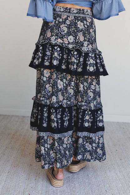 Prairie Dancer Floral Maxi Skirt - Black