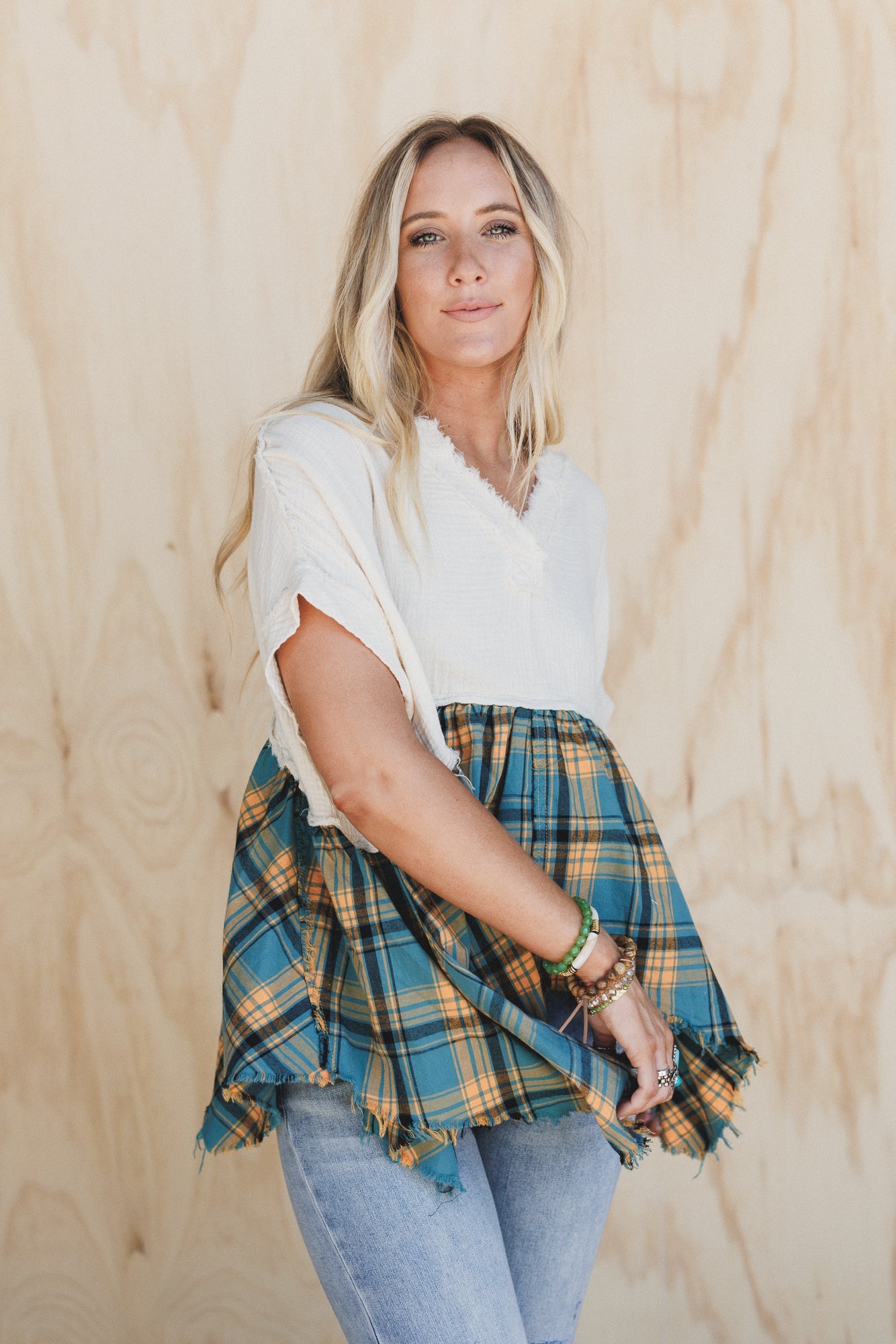 Revel Plaid V Neck Top - Multi