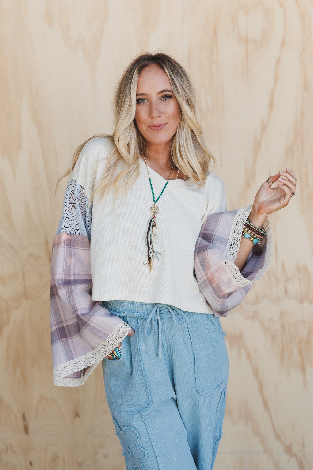 Live Easy Plaid Peace Top - Multi