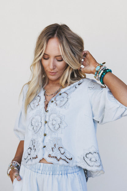 Leticia Embroidered Eyelet Top - Denim