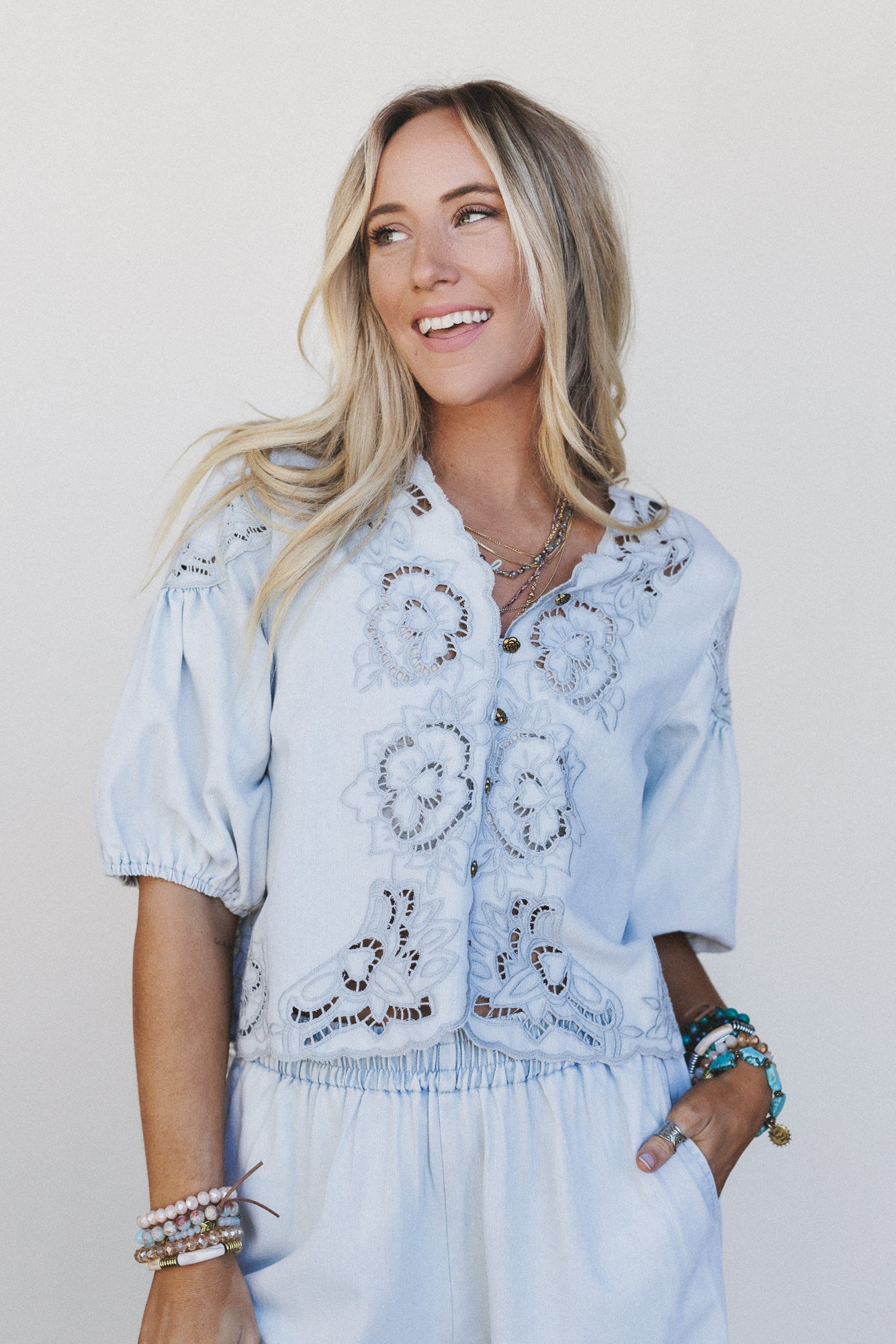 Leticia Embroidered Eyelet Top - Denim