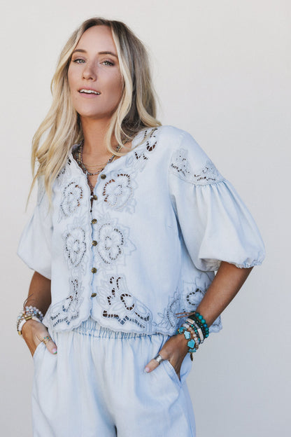 Leticia Embroidered Eyelet Top - Denim
