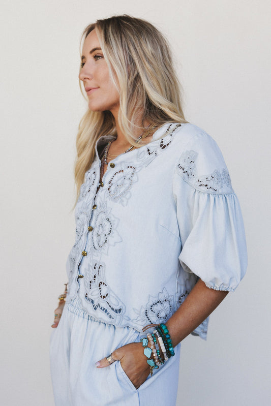 Leticia Embroidered Eyelet Top - Denim