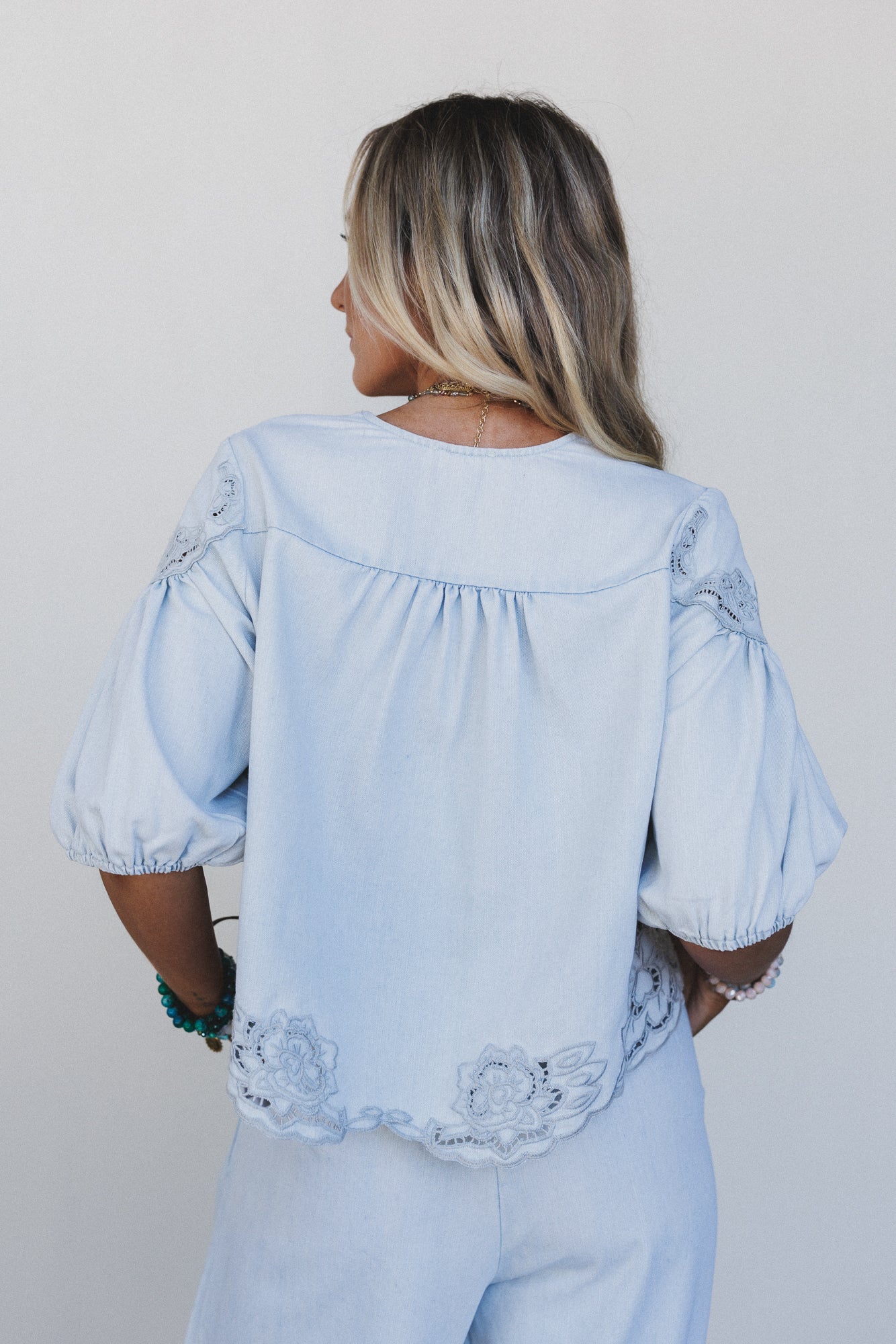 Leticia Embroidered Eyelet Top - Denim