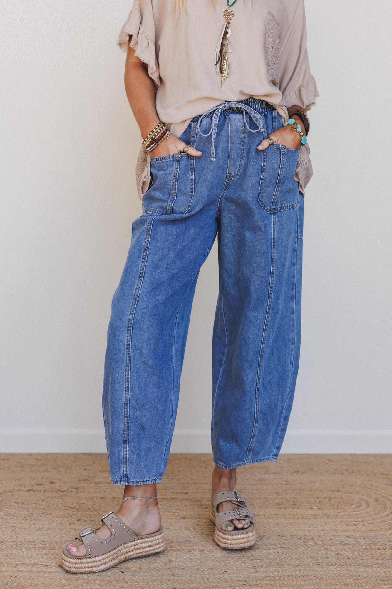 Sudden Spark Drawstring Barrel Jeans - Denim
