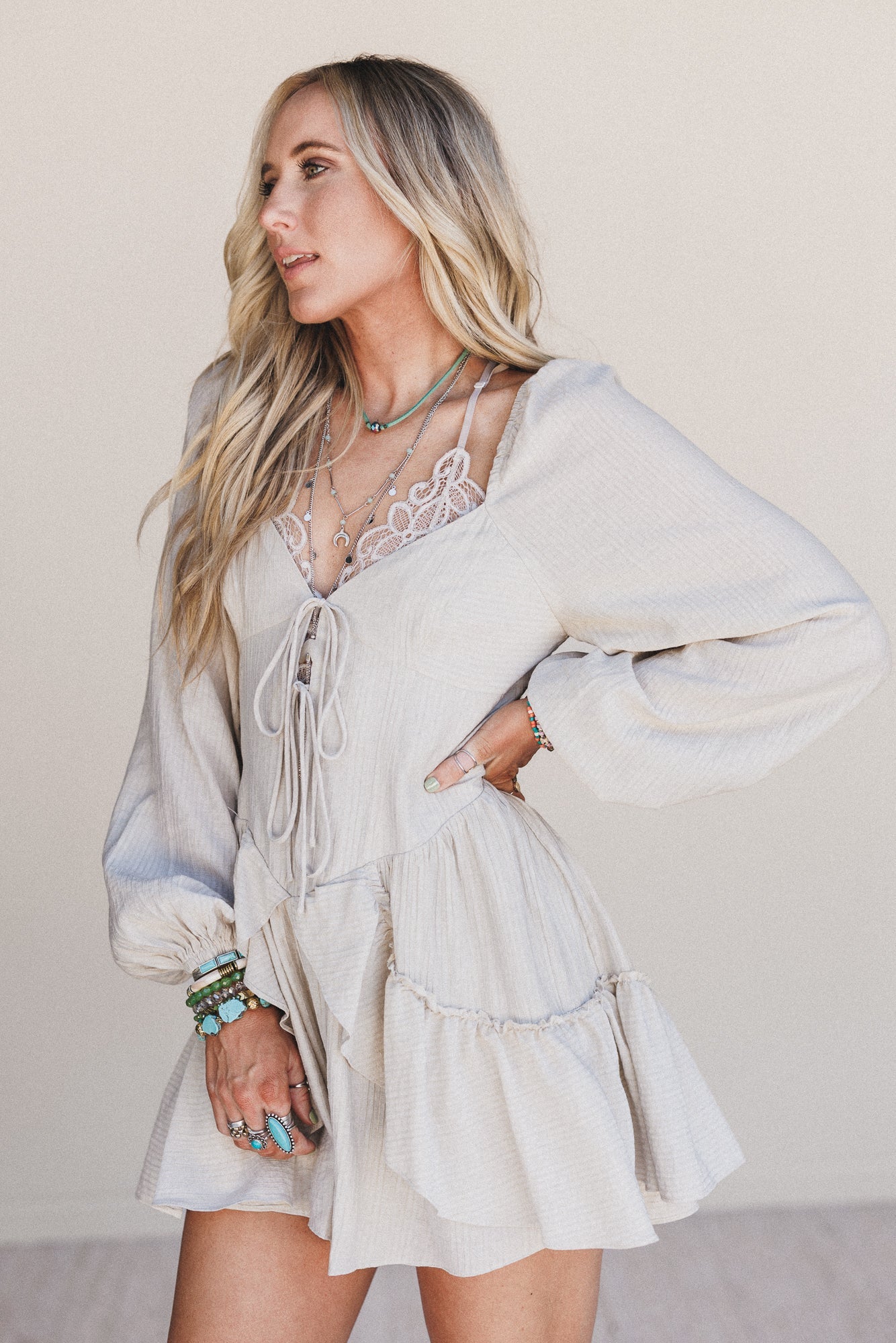 All Day Glow Ruffled Romper - Oatmeal
