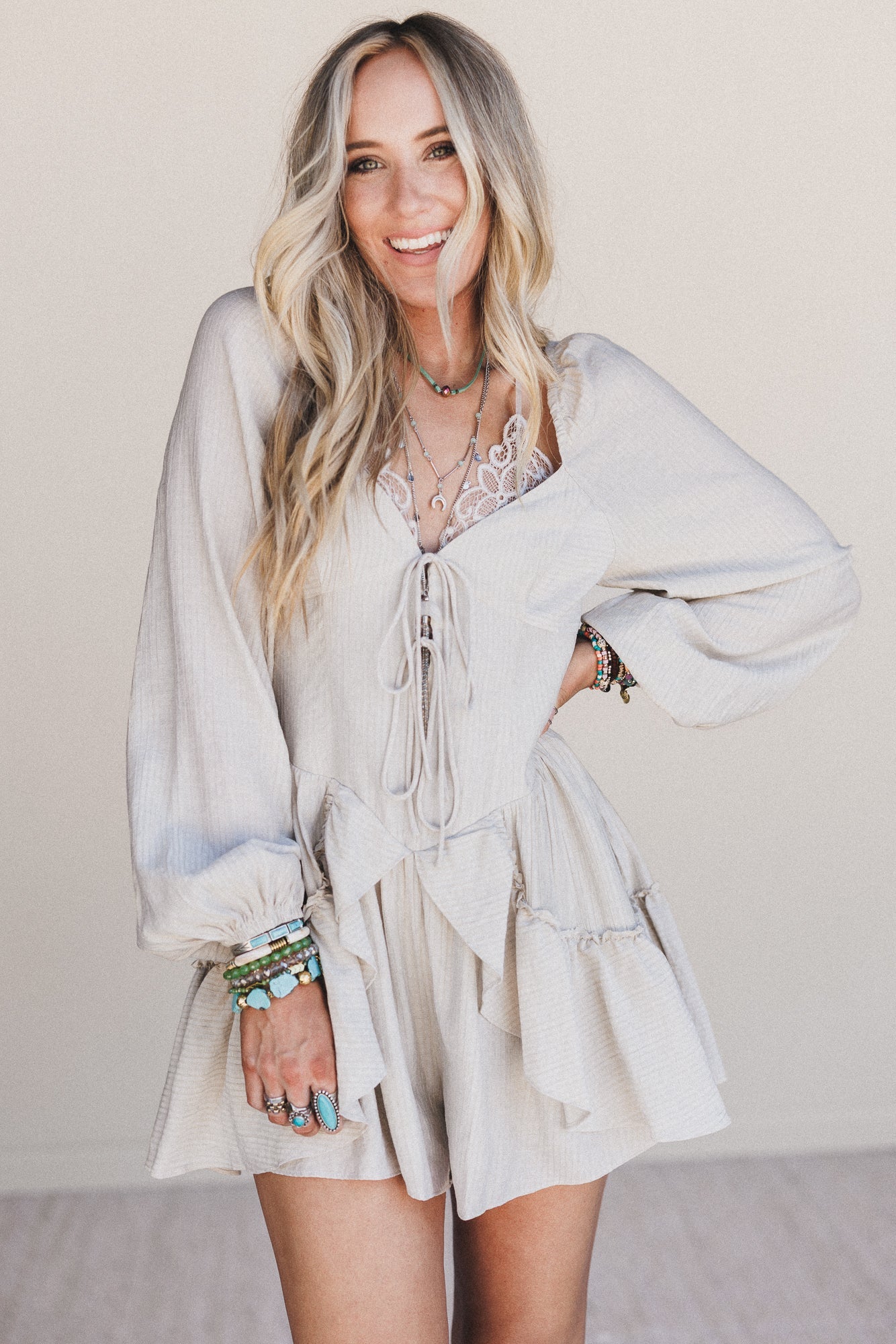 All Day Glow Ruffled Romper - Oatmeal