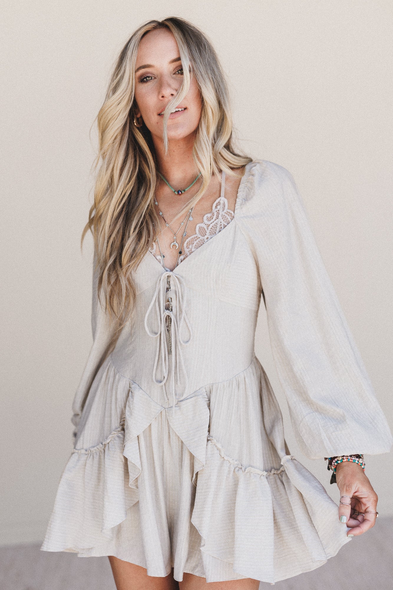 All Day Glow Ruffled Romper - Oatmeal