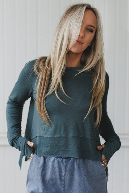 Mackenzie Side Slit Long Sleeve Top - Jade