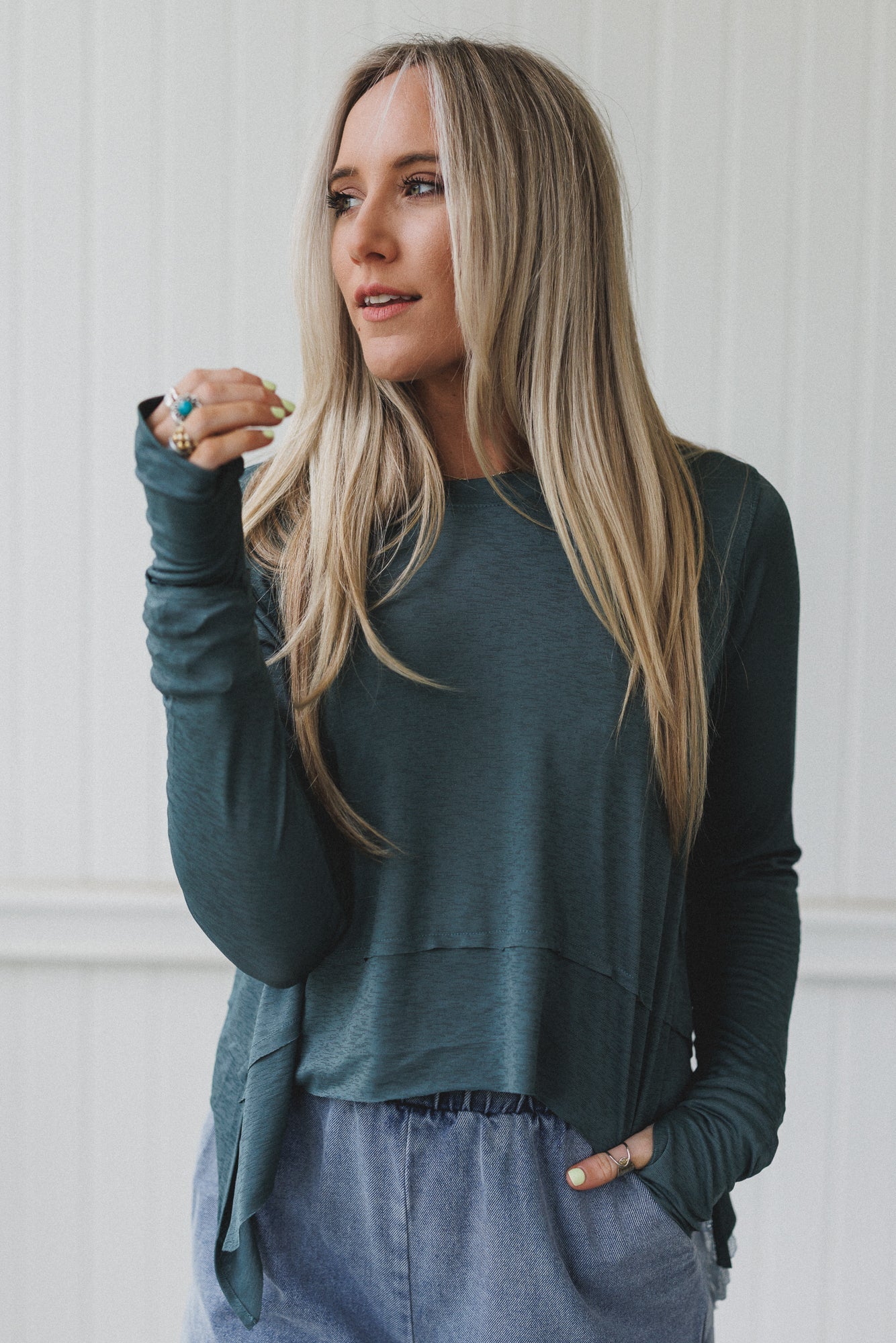 Mackenzie Side Slit Long Sleeve Top - Jade