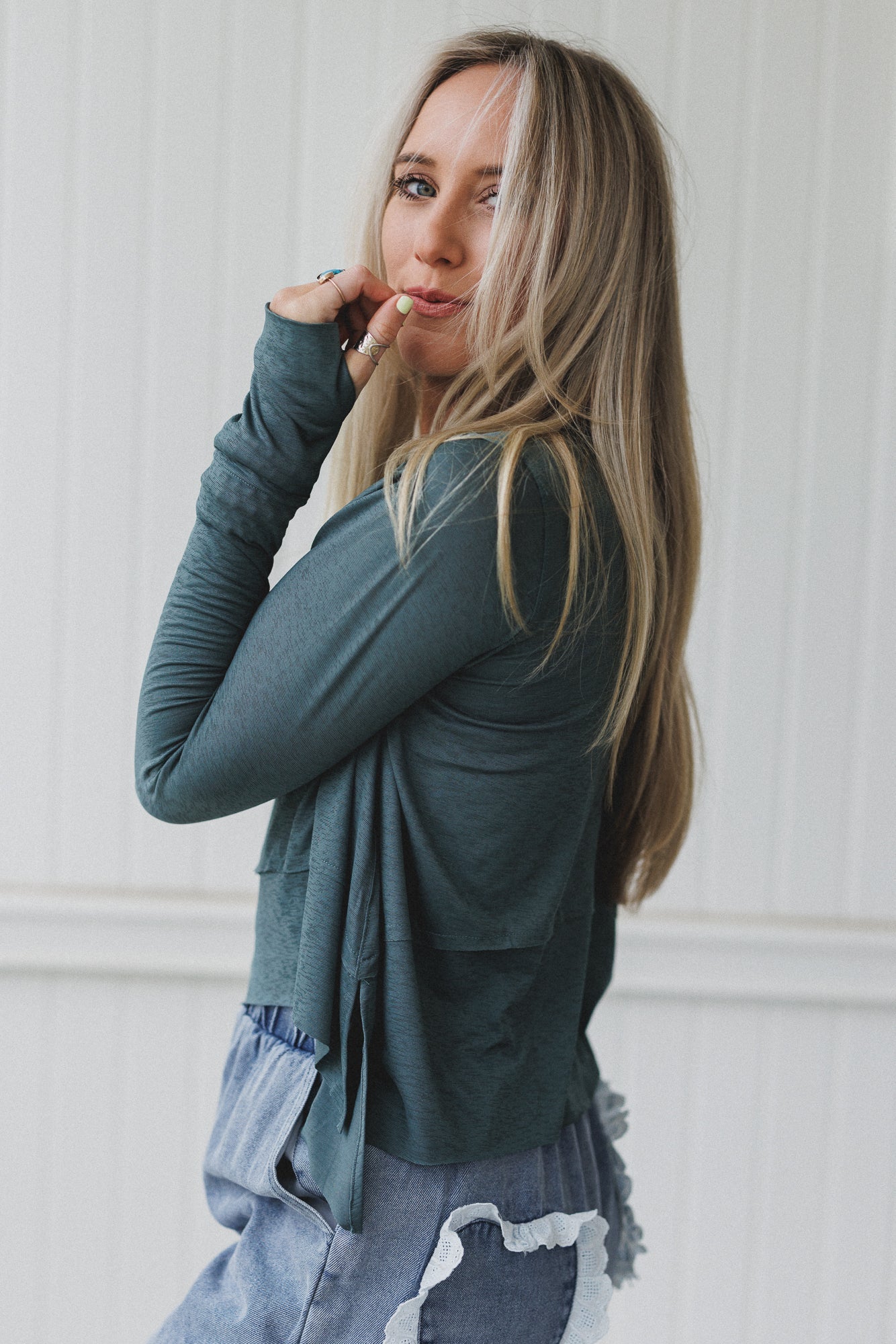 Mackenzie Side Slit Long Sleeve Top - Jade