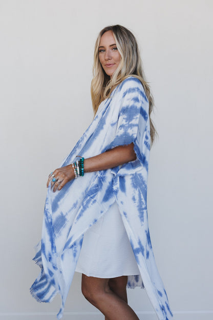 Demi Tie Dye Frayed Hem Kimono - Blue