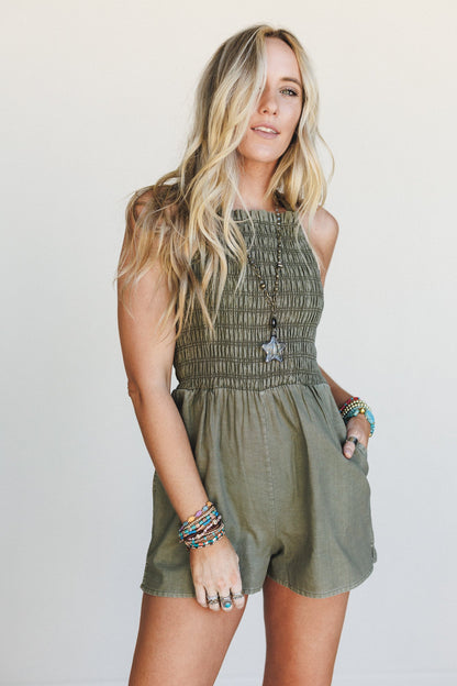 Ramona Smocked Romper - Olive