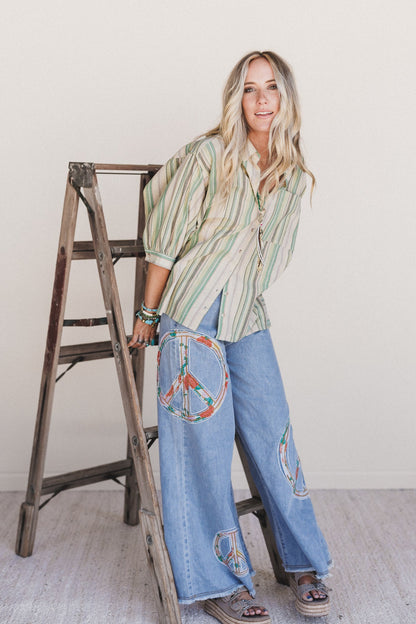 Finch Striped Button Down Top - Green Multi